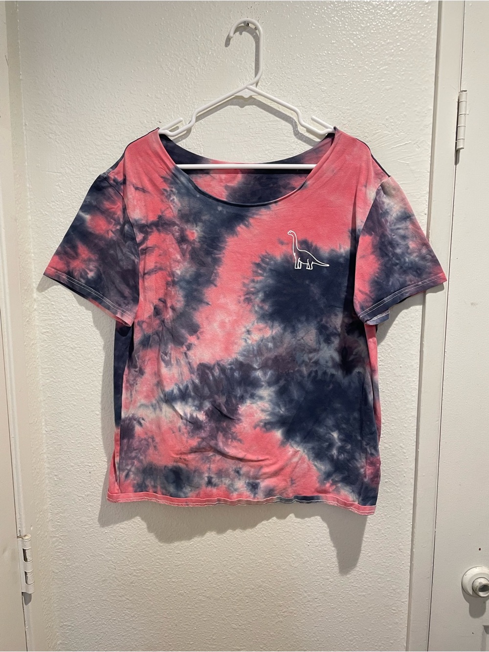 Pink & Navy Tie Dye Pastel Dinosaur Slouchy Cut Neckline Tee 🦖💕